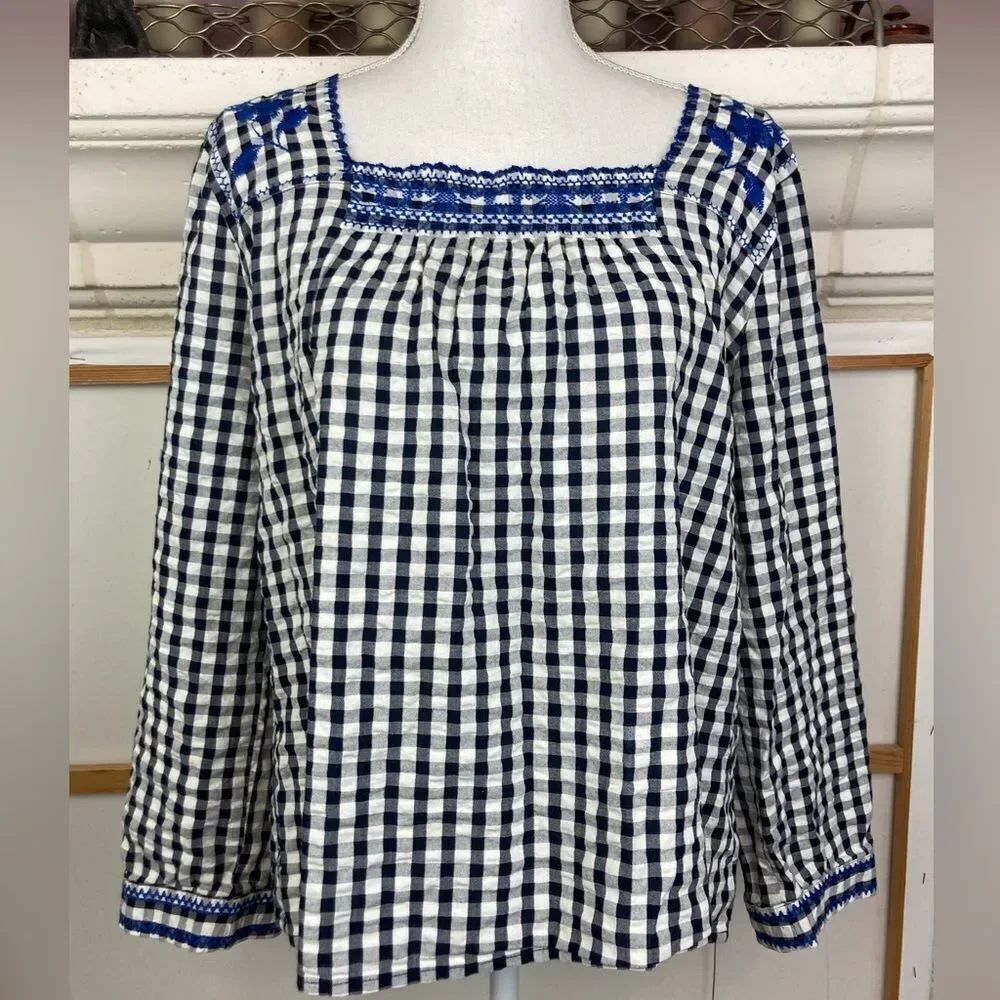 J. Crew Square Neck Gingham Blouse w/Royal blue embroidery & crosstitch